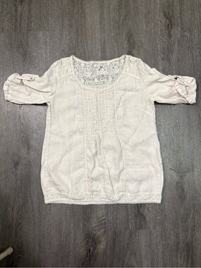Lina Tomei 100% Linen Top Large Made in Italy Lace Trim Coastal Boho Cottagecore